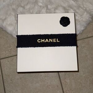 Chanel White Box with Navy Blue Ribbon and Gold Logo with Camelia flower
